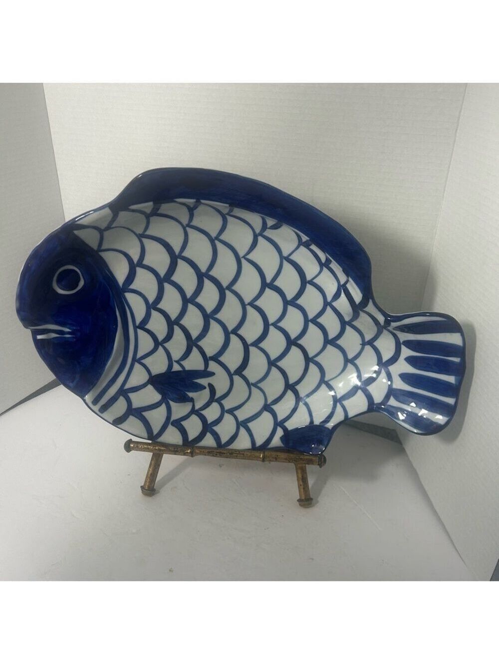 VTG Rare Large Dansk Japan Ceramic Handpainted Blue Fish Serving Dish Platter